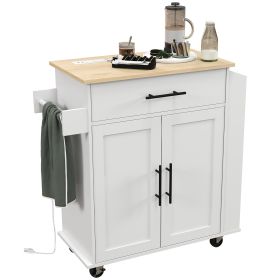 Rollable Kitchen Island with Power Outlets, Drawer, Doors & Versatile Storage on Wheels, White