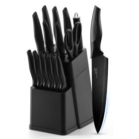 Knife Set for Kitchen with Block, 15 Pcs High Carbon Stainless Steel Kitchen Knife Set with Self Sharpening - Black