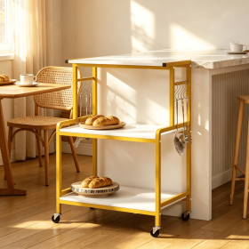 3-Tier Rolling Microwave Cart Kitchen Storage Organizer with Power Outlet Lockable Wheels And 10 Hooks for Kitchen