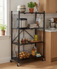 4 Tier Foldable Metal Storage Shelves with Wheels, Heavy Duty Folding Organizer Rack, Metal Storage Rack for Garage, Kitchen, Basement, Pantry