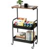 3 Layer Metal Rolling Cart with Lockable Wheel, Kitchen Storage Rack with Wooden Desktop