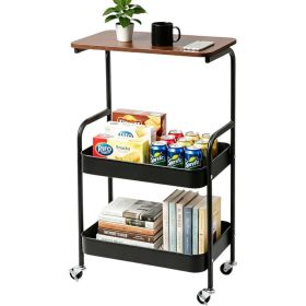 3 Layer Metal Rolling Cart with Lockable Wheel, Kitchen Storage Rack with Wooden Desktop