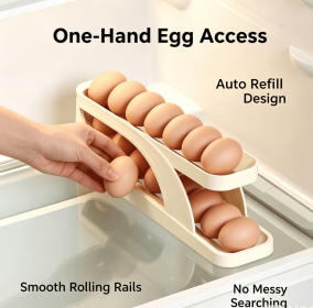 Auto Rolling Egg Holder Dispenser 15 Eggs Capacity Space Saving Fridge Egg Storage Tray HIPS Material Slide Design Refrigerator Kitchen Countertop Egg