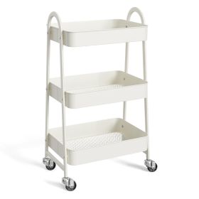 3 Tier Rolling Cart, Metal Utility Storage Cart with Lockable Wheels for Livingroom, Bathroom, Kitchen & Narrow Spaces, White