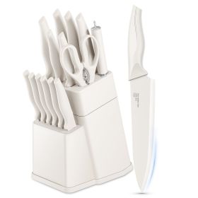 Knife Set for Kitchen with Block, 15 Pcs High Carbon Stainless Steel Kitchen Knife Set with Self Sharpening - White