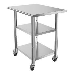 Stainless Steel Work Table, 24x30 Inch Food Prep Table with 2 Shelves and Wheels, Commercial Kitchen Workstation, Metal Heavy Duty Utility Worktable