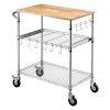 Kitchen Utility Cart, 3 Tier Heavy Duty Adjustable Wire Storage Rack with Wood Tabletop and Handle Bar, Rolling Portable Service Trolley on Wheels