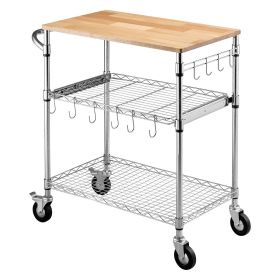 Kitchen Utility Cart, 3 Tier Heavy Duty Adjustable Wire Storage Rack with Wood Tabletop and Handle Bar, Rolling Portable Service Trolley on Wheels