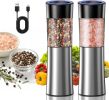 Rechargeable Gravity Electric Salt and Pepper Grinder Set Automatic Stainless Steels Salt and Pepper Mills with LED Light, No Battery Needed