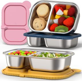 3 Pack Stainless Steel Snack Containers with Silicone Lids, Reusable 2 Compartment Food Storage Containers, Stainless Steel Box for School, Office
