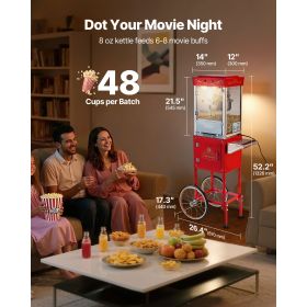 Popcorn Machine with Cart, 8oz Stainless Steel Kettle, 800W Commercial Popcorn Maker, 48 Cups per Batch Theater Style Popper