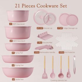 21 Pcs Pots and Pans Non Stick Ceramic Cookware Set, Detachable Handles, RV Kitchen Cooking Set, Oven Safe, Induction Ready, Stackable, Pink