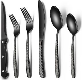 24-Piece Black Silverware Set with Steak Knives, Black Flatware Set for 4, Food-Grade Stainless Steel Tableware Cutlery Set