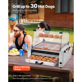 Hot Dog Roller, 30 Hot Dog 11 Rollers, Stainless Steel Sausage Grill Cooker, 1950W Hot Dog Machine with Bun Warmer, Cover, 3 Temp Control