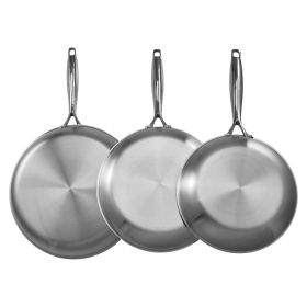 Tri-Ply Stainless Steel Frying Pan, 3 Pcs Set (8, 10, 12 in), Cooking Skillet with Heat-Resistant Handle, Chef's Kitchen Cookware, Oven, Gas, Electric