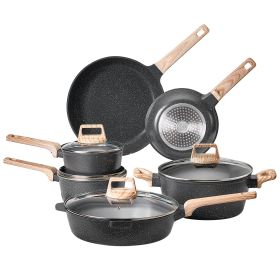 17 Piece Pots and Pans Set Nonstick, Granite Cookware Set, Induction Cookwares, Kitchen RV Cooking Sets with Frying, Sauce, Saute, Tempered Glass Lids