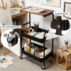 3 Layer Metal Rolling Cart with Lockable Wheel, Kitchen Storage Rack with Wooden Desktop