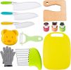 8 Pcs Wooden Kitchen Knife Set for Kids - Includes Safe Knives, Serrated Plastic Knives, Potato Slicers, Sandwich Cutter, Peeler and Cutting Board