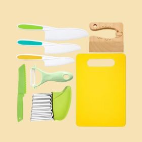 8 Pcs Wooden Kitchen Knife Set for Kids - Includes Safe Knives, Serrated Plastic Knives, Potato Slicers, Sandwich Cutter, Peeler and Cutting Board (size: 8)