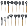 Wooden handle silicone cooking utensils, heat-resistant non-stick kitchen tools including spoon rests, egg beaters, tongs and spatulas