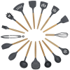 Wooden handle silicone cooking utensils, heat-resistant non-stick kitchen tools including spoon rests, egg beaters, tongs and spatulas