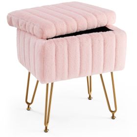 Vanity Stool Chair with Storage, Ottoman Faux Fur Soft Padded Makeup Footstools Seat with 4 Metal Legs Anti-Slip Adjustable Feet Modern (Color: Pink)