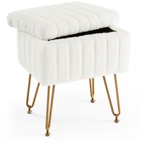 Vanity Stool Chair with Storage, Ottoman Faux Fur Soft Padded Makeup Footstools Seat with 4 Metal Legs Anti-Slip Adjustable Feet Modern (Color: White)