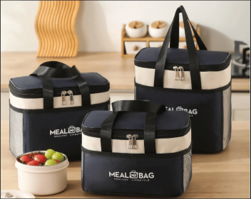 3 Sizes Thermal Insulated Lunch Box Bag, Two-Tone Waterproof Oxford Meal Carrier with Side Mesh Pocket (Color: navy blue)