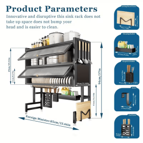 Over the Sink Dish Rack, Adjustable Carbon Steel Kitchen Sink Storage Rack with Utensil Rack, Knife Rack and Cutting Board Rack (size: Double layer)