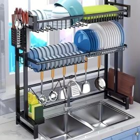 1-pack single-layer double-layer countertop dish storage drain rack retractable kitchen sink storage rack dish rack drain rack black kitchen storage r (size: Double layer)