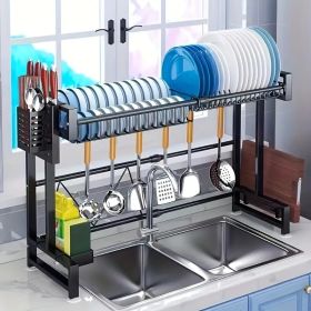 1-pack single-layer double-layer countertop dish storage drain rack retractable kitchen sink storage rack dish rack drain rack black kitchen storage r (size: single layer)