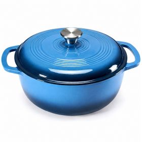 6 Quart Enamel Cast Iron Dutch Oven with Moisture-Sealing Lid for Bread Baking Braising And Slow Cooking, Dual Handles, Oven Safe (Color: Blue)
