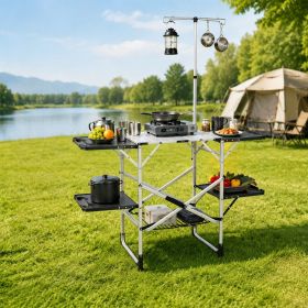 Foldaway Outdoor Cooking Table with Detachable Lamp Holder 4 Fold Side Trays Mesh Storage Shelf (Color: Silver)