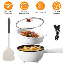 Electric Hot Pot Non-Stick Frying Pan Portable Rapid Noodles Cooker with Long Handle Steamer Spatula Dual Power Control Overheat Dry-Boil Protection f (Color: White)