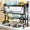 Over the Sink Dish Rack, Adjustable Carbon Steel Kitchen Sink Storage Rack with Utensil Rack, Knife Rack and Cutting Board Rack