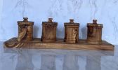 Premium Olive Wood Canister Set with Carved Storage Base - Elegant Countertop Kitchen Organizers for Spices, Tea, Coffee